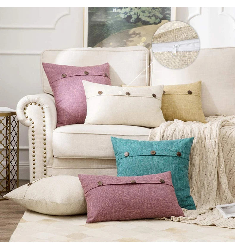 Nordic Linen Cushion Cover with Button | Plain Decorative Pillow Case for Sofa & Living Room