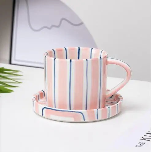 Simple Striped Ceramic Teacup Hotel Café Porcelain Coffee Cup 280ml