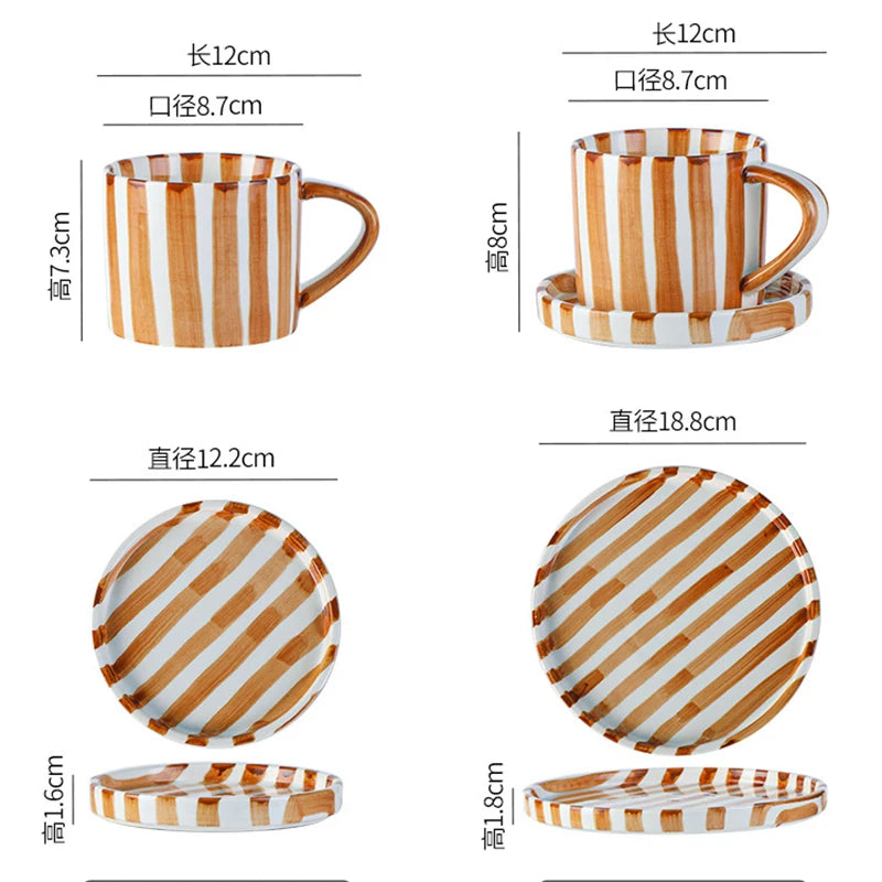 Simple Striped Ceramic Teacup Hotel Café Porcelain Coffee Cup 280ml