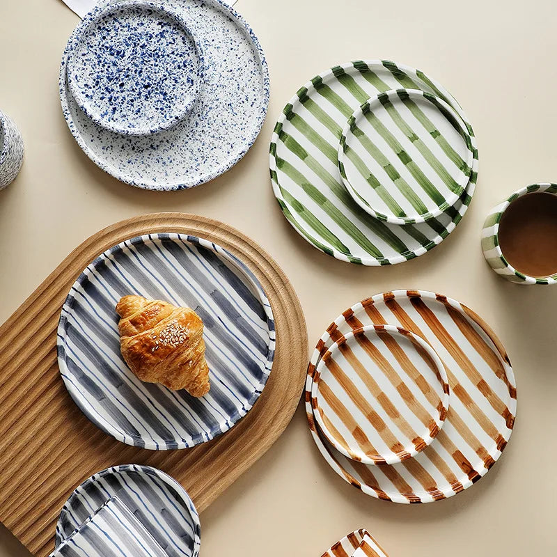 Simple Striped Ceramic Teacup Hotel Café Porcelain Coffee Cup 280ml