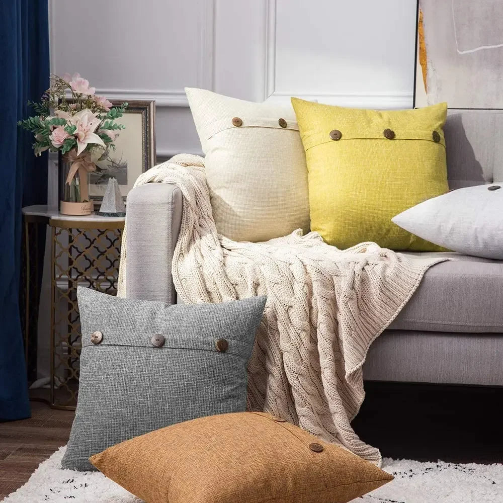 Nordic Linen Cushion Cover with Button | Plain Decorative Pillow Case for Sofa & Living Room