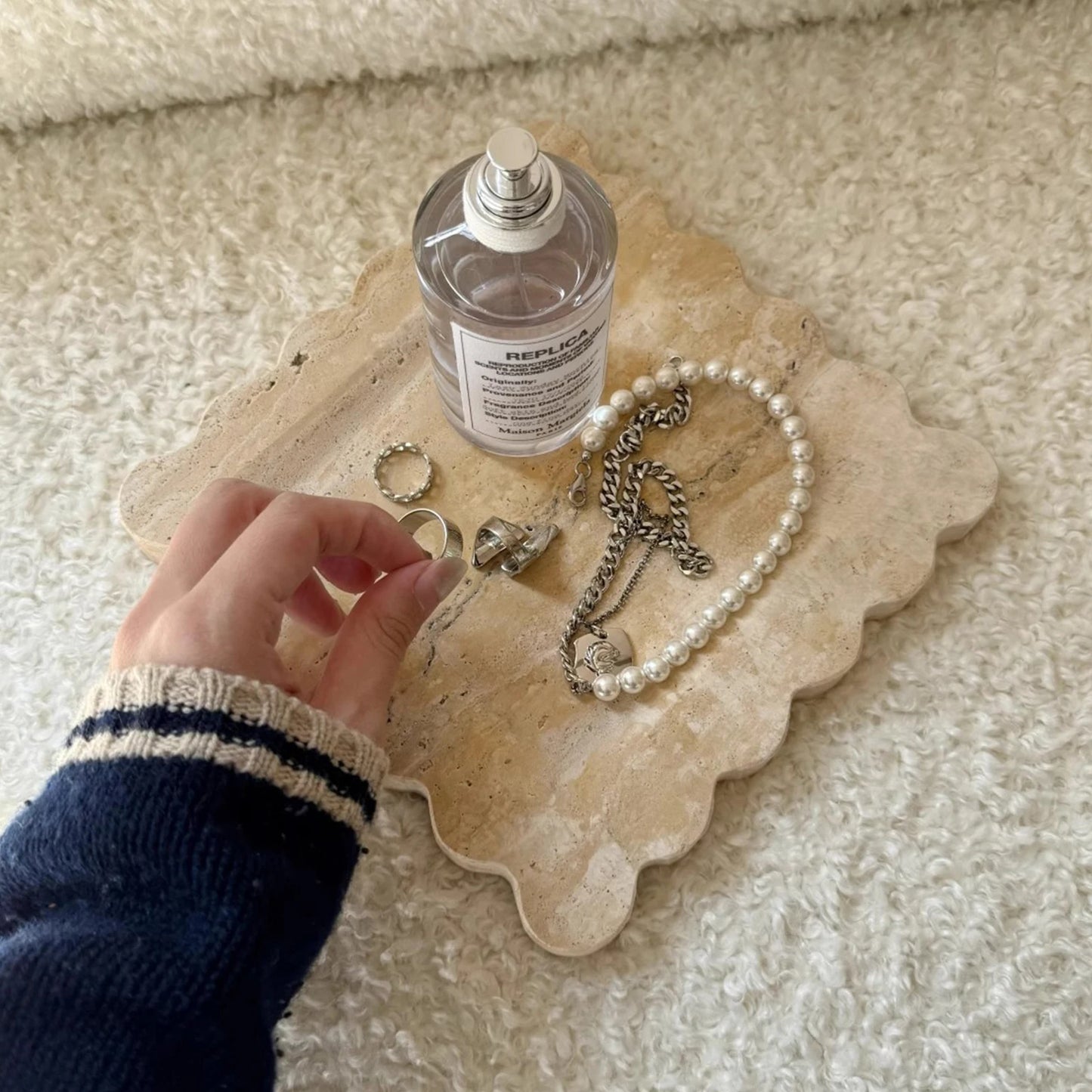 Travertine Stone Tray | Square Scalloped Edge Natural Stone Jewellery & Vanity Organiser