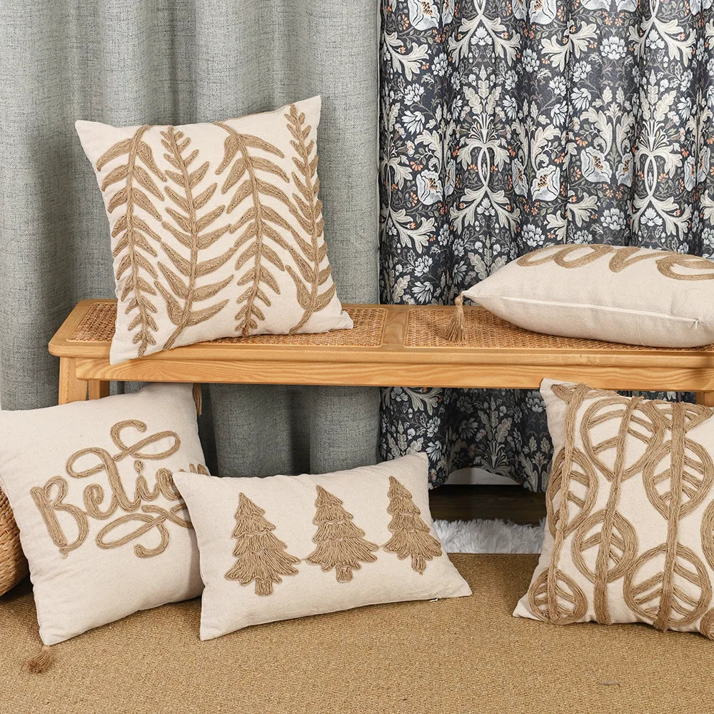 Boho Linen Cushion Cover | Rope Embroidery Letter & Leaf Design with Fringe Tassels