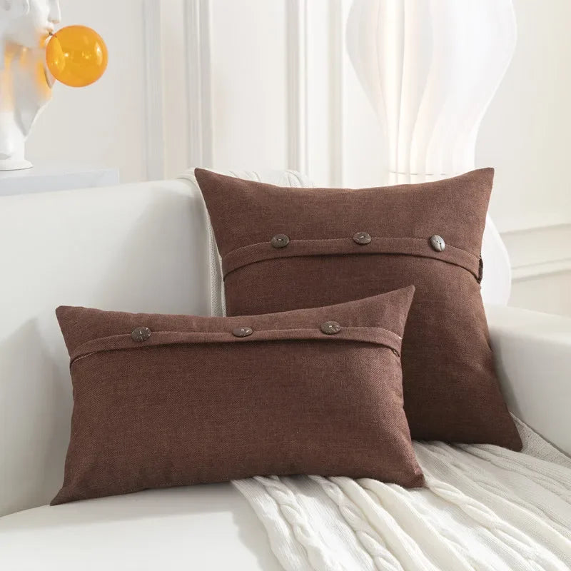 Nordic Linen Cushion Cover with Button | Plain Decorative Pillow Case for Sofa & Living Room