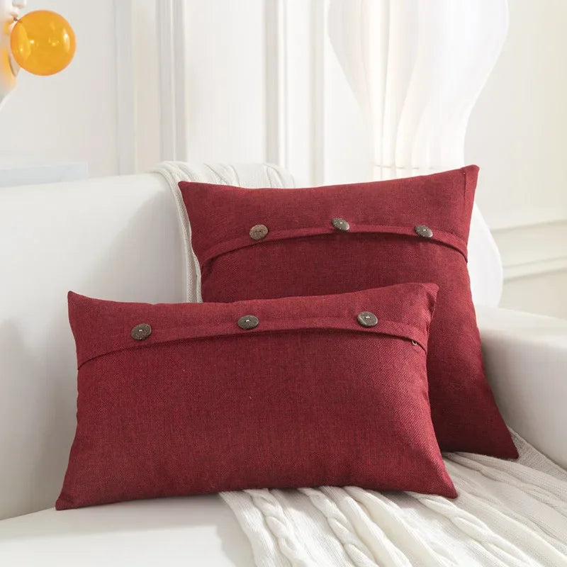 Nordic Linen Cushion Cover with Button | Plain Decorative Pillow Case for Sofa & Living Room