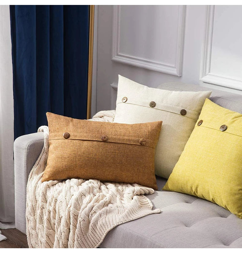 Nordic Linen Cushion Cover with Button | Plain Decorative Pillow Case for Sofa & Living Room