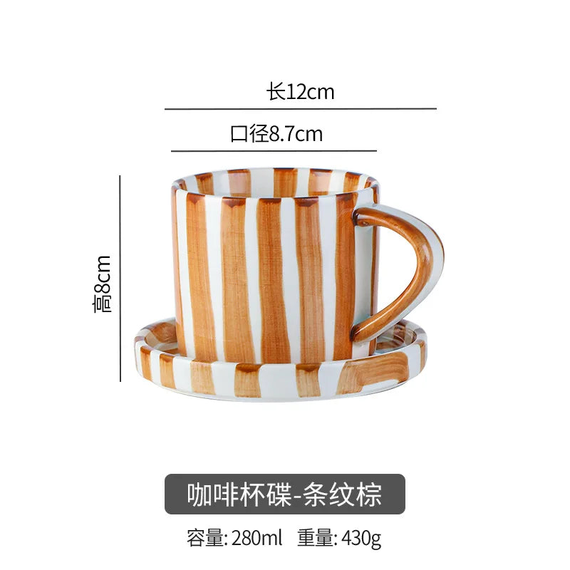 Simple Striped Ceramic Teacup Hotel Café Porcelain Coffee Cup 280ml