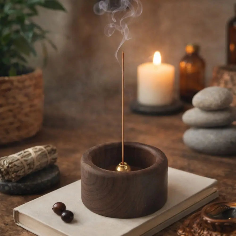 Retro Wooden Incense Holder | Round Handmade Incense Stick Burner for Meditation