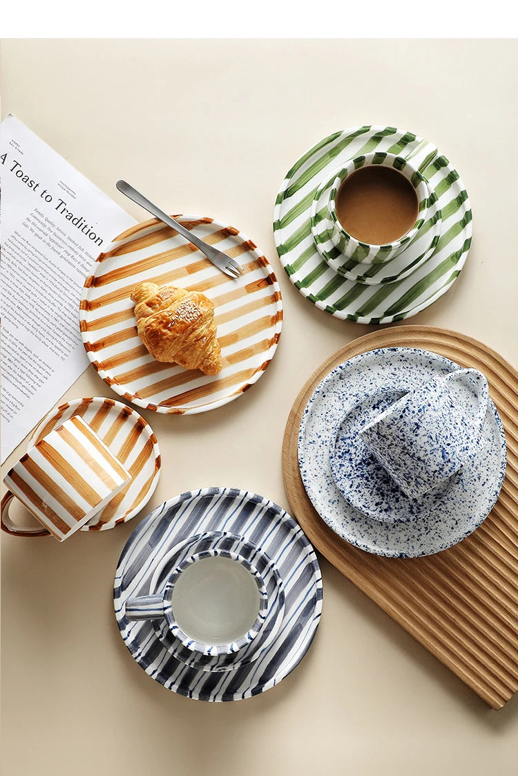Simple Striped Ceramic Teacup Hotel Café Porcelain Coffee Cup 280ml