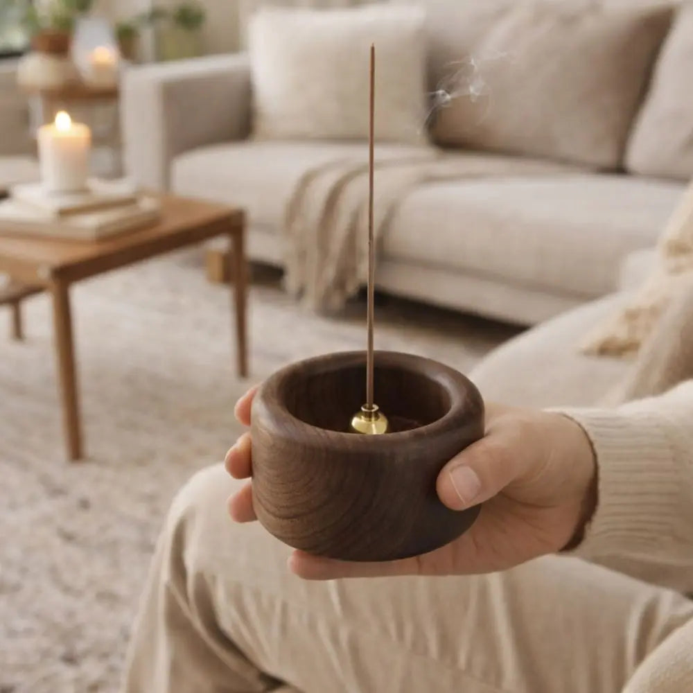 Retro Wooden Incense Holder | Round Handmade Incense Stick Burner for Meditation