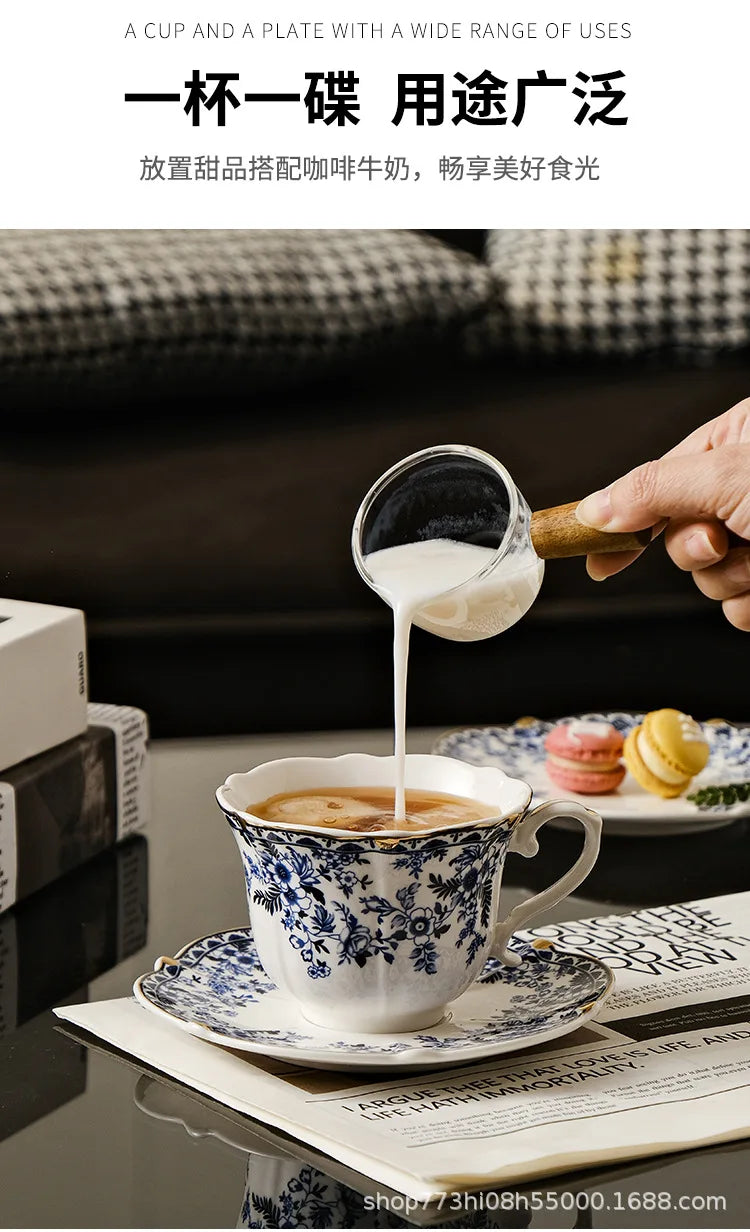 English Style Blue & White Porcelain Coffee Cup | Ceramic Cup with Tray