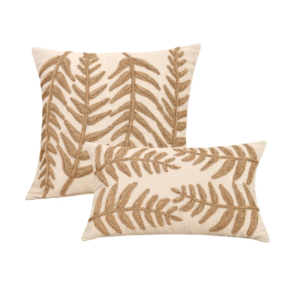 Boho Linen Cushion Cover | Rope Embroidery Letter & Leaf Design with Fringe Tassels