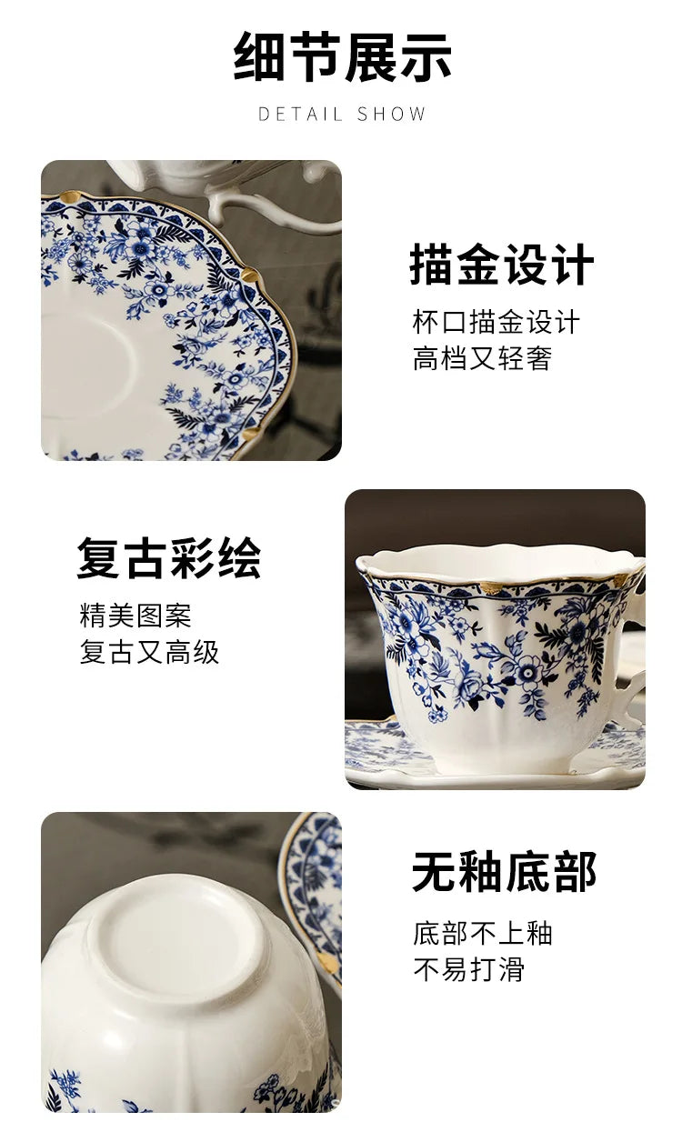 English Style Blue & White Porcelain Coffee Cup | Ceramic Cup with Tray