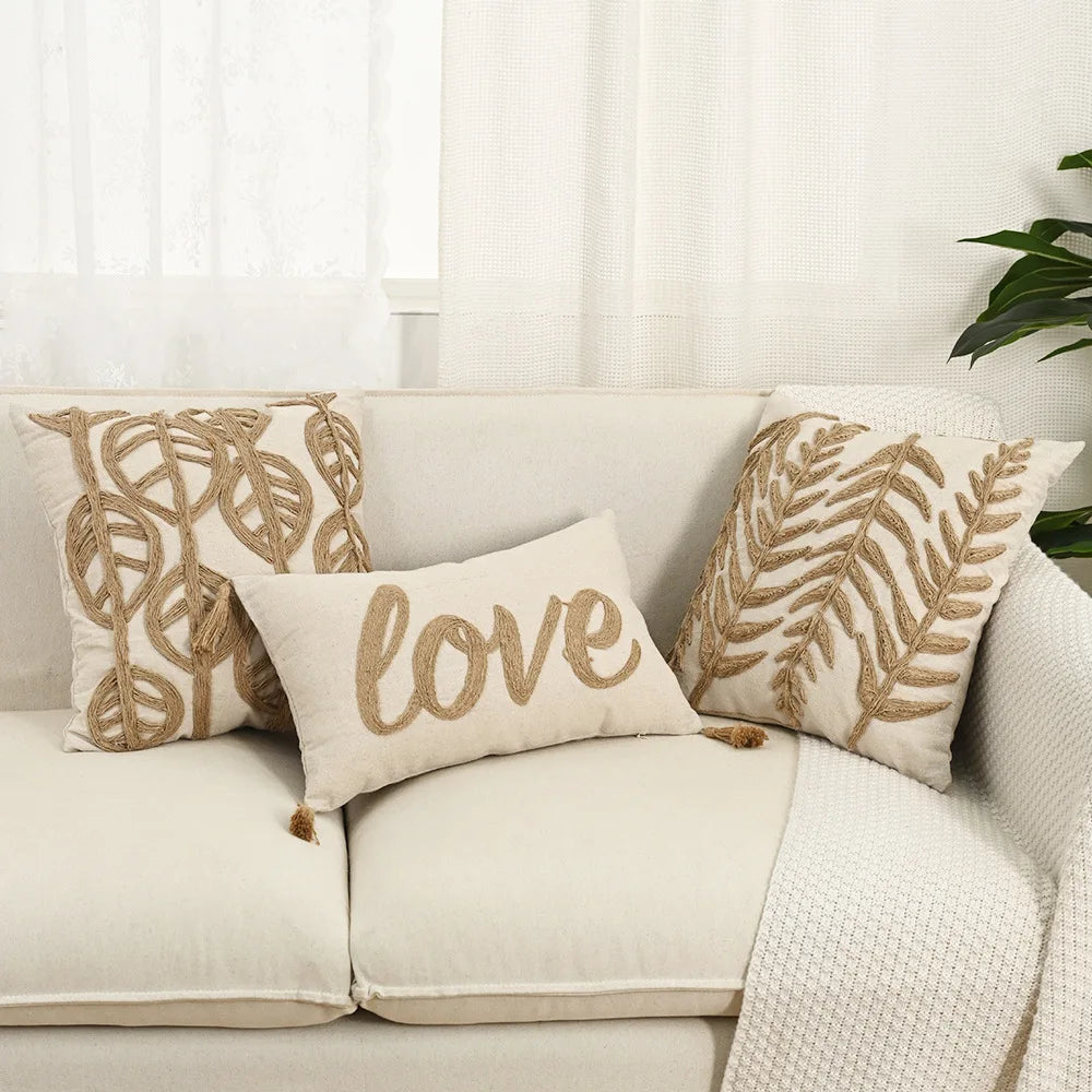 Boho Linen Cushion Cover | Rope Embroidery Letter & Leaf Design with Fringe Tassels