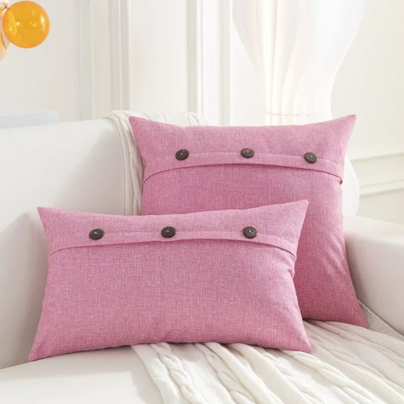 Nordic Linen Cushion Cover with Button | Plain Decorative Pillow Case for Sofa & Living Room