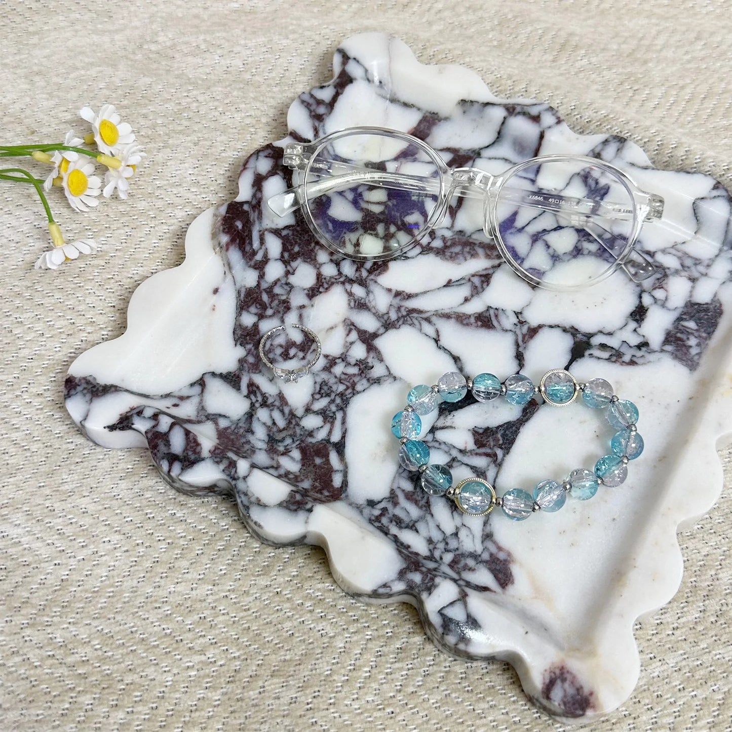 Travertine Stone Tray | Square Scalloped Edge Natural Stone Jewellery & Vanity Organiser