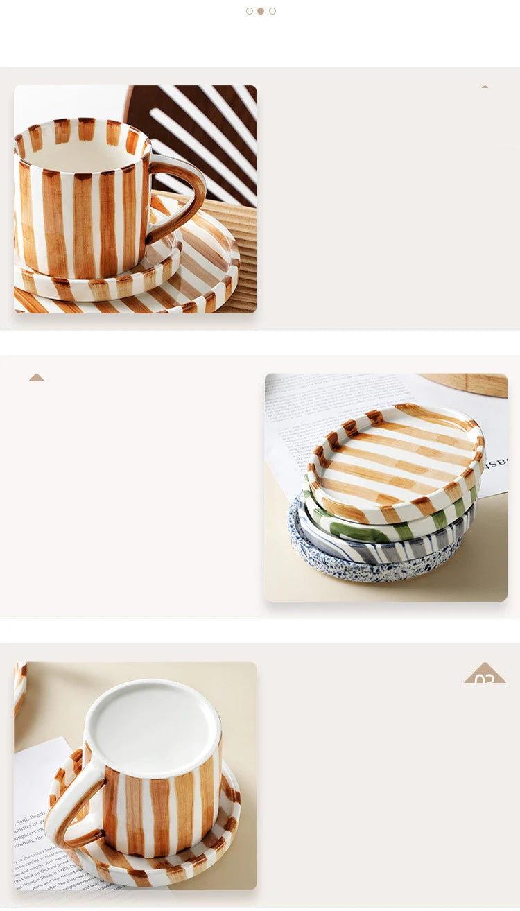 Simple Striped Ceramic Teacup Hotel Café Porcelain Coffee Cup 280ml