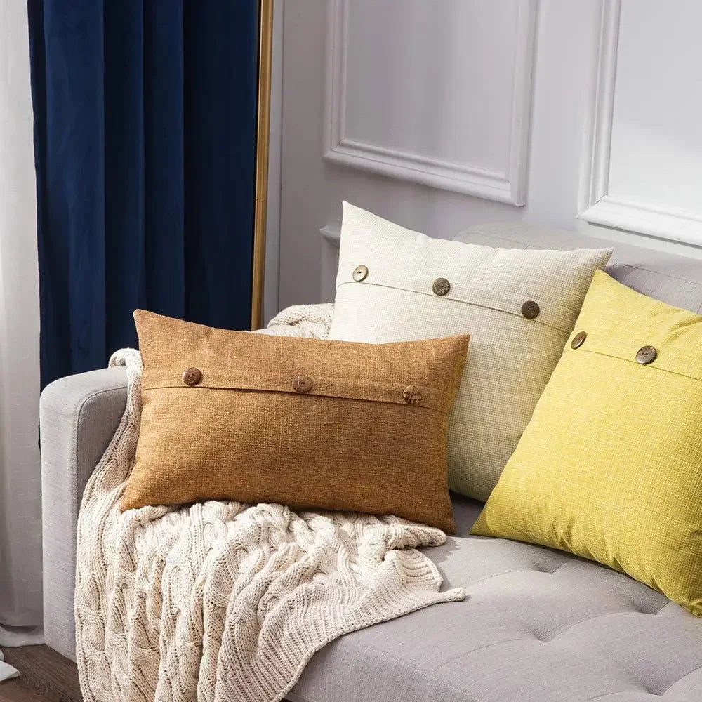 Nordic Linen Cushion Cover with Button | Plain Decorative Pillow Case for Sofa & Living Room
