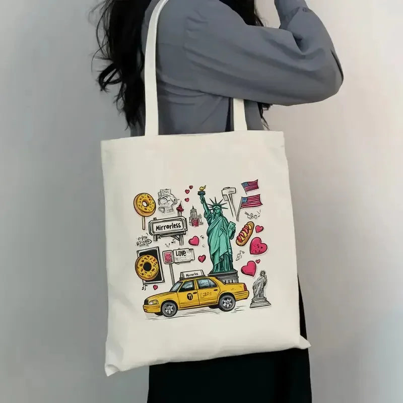 Paris & New York Canvas Tote Bag | Chic Printed Shoulder Bag for Everyday Use