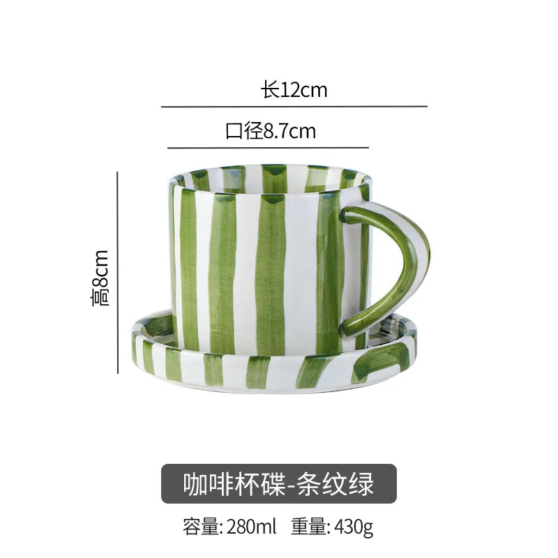 Simple Striped Ceramic Teacup Hotel Café Porcelain Coffee Cup 280ml