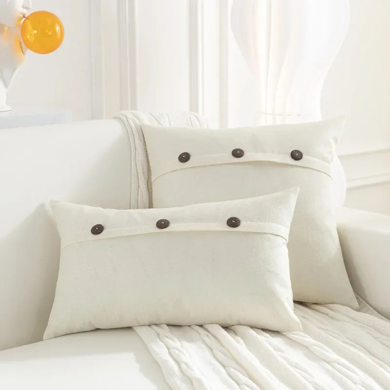 Nordic Linen Cushion Cover with Button | Plain Decorative Pillow Case for Sofa & Living Room