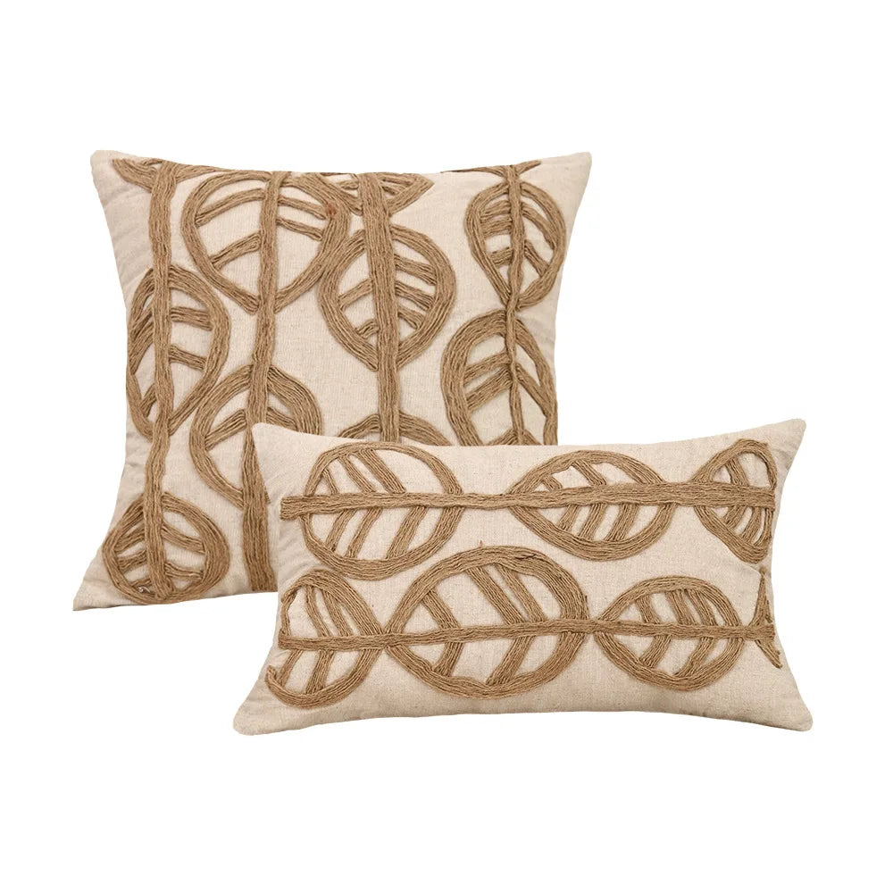 Boho Linen Cushion Cover | Rope Embroidery Letter & Leaf Design with Fringe Tassels