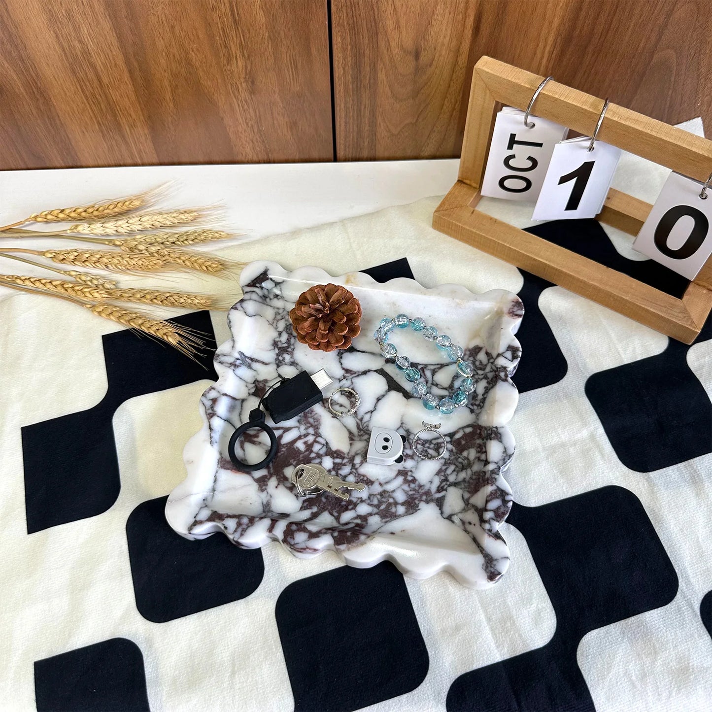 Travertine Stone Tray | Square Scalloped Edge Natural Stone Jewellery & Vanity Organiser