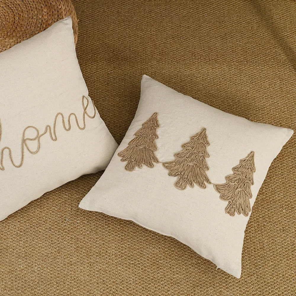 Boho Linen Cushion Cover | Rope Embroidery Letter & Leaf Design with Fringe Tassels