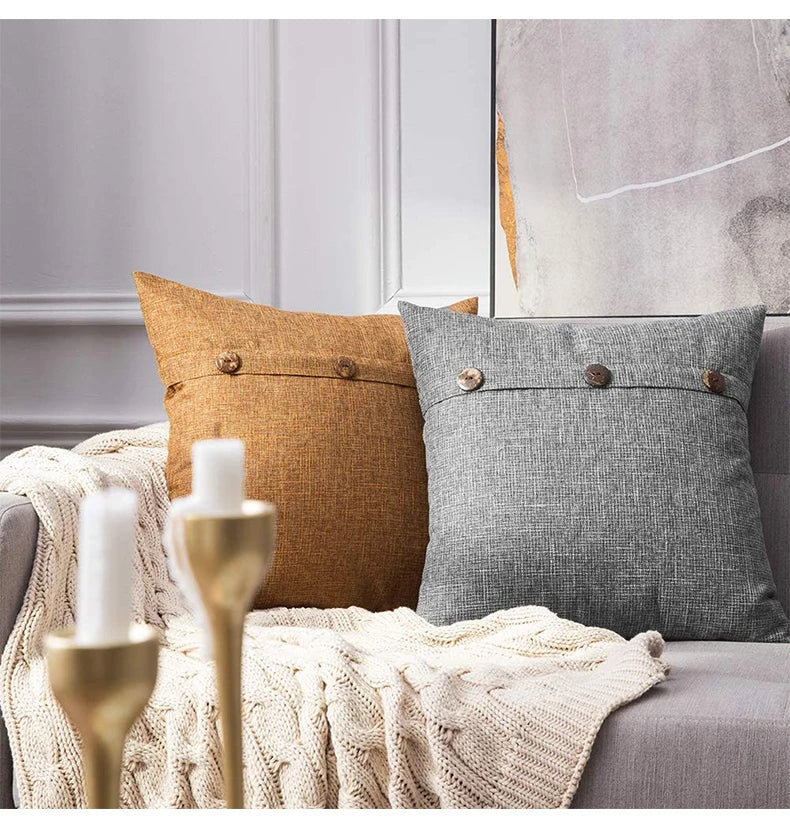 Nordic Linen Cushion Cover with Button | Plain Decorative Pillow Case for Sofa & Living Room