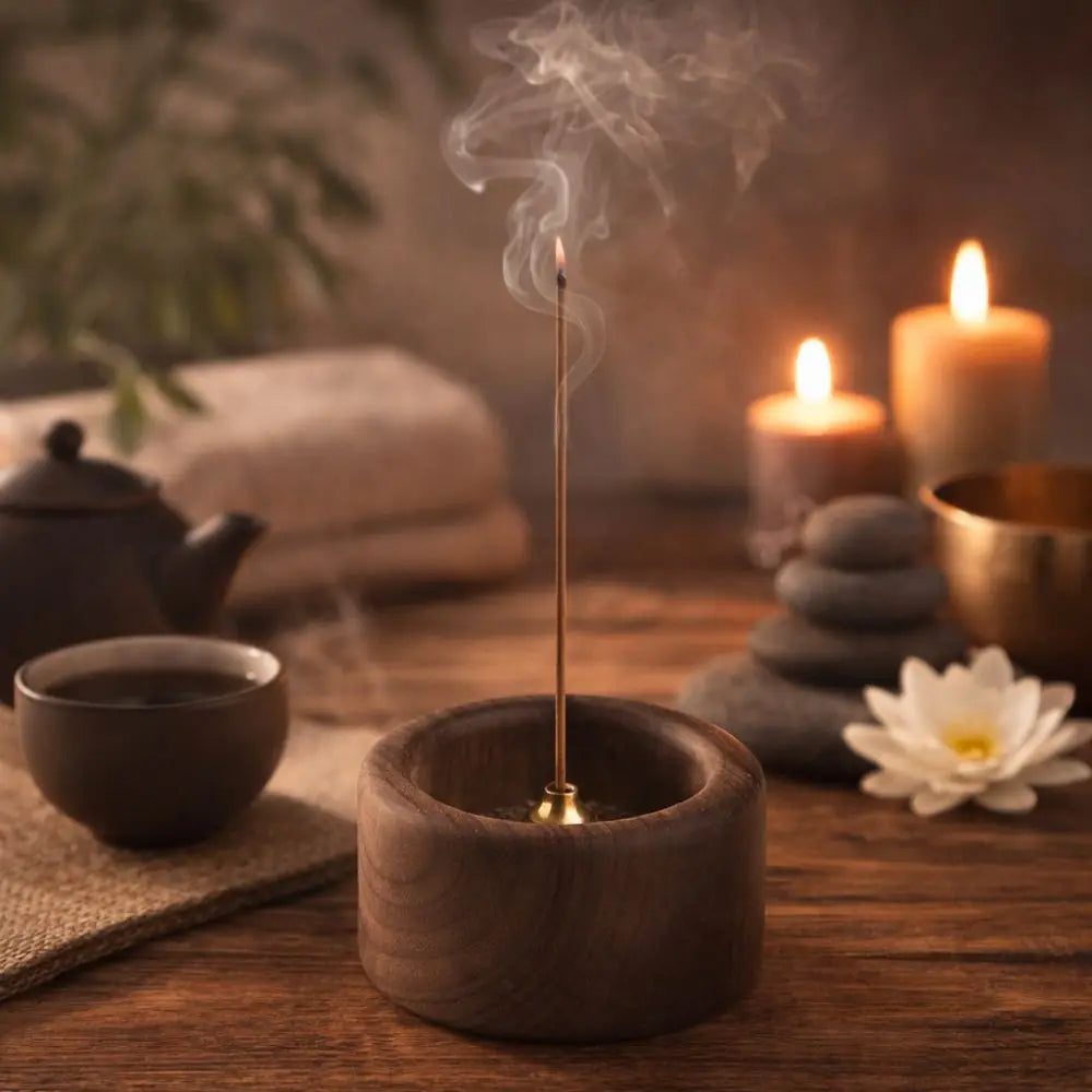 Retro Wooden Incense Holder | Round Handmade Incense Stick Burner for Meditation