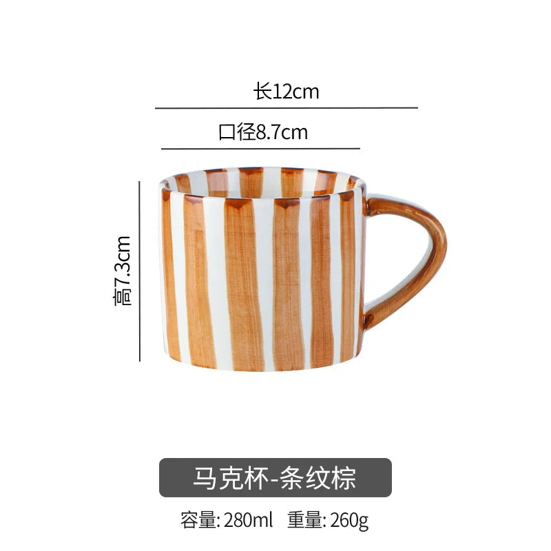 Simple Striped Ceramic Teacup Hotel Café Porcelain Coffee Cup 280ml