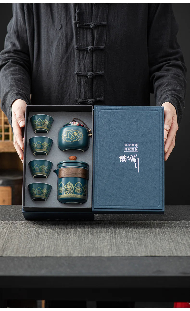 Portable Tea Ceremony Set | 1 Pot 4 Cups Travel Gift Box for Outdoor & Home
