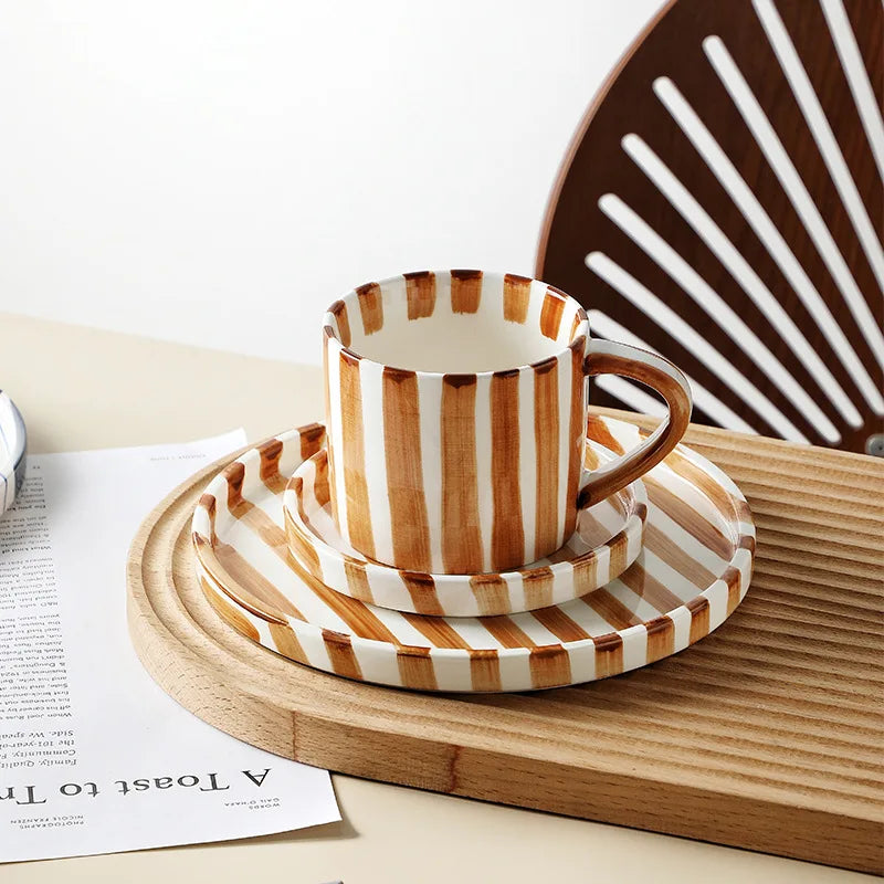 Simple Striped Ceramic Teacup Hotel Café Porcelain Coffee Cup 280ml