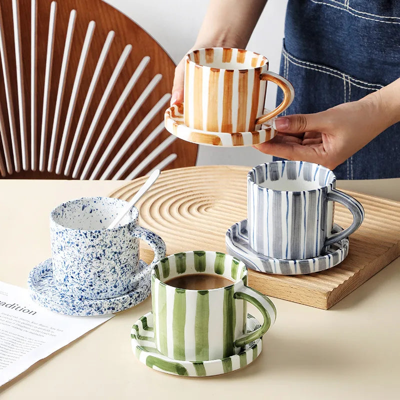 Simple Striped Ceramic Teacup Hotel Café Porcelain Coffee Cup 280ml