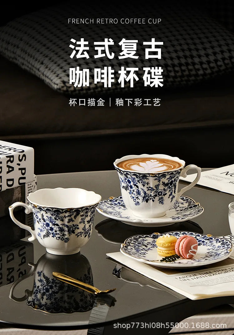 English Style Blue & White Porcelain Coffee Cup | Ceramic Cup with Tray