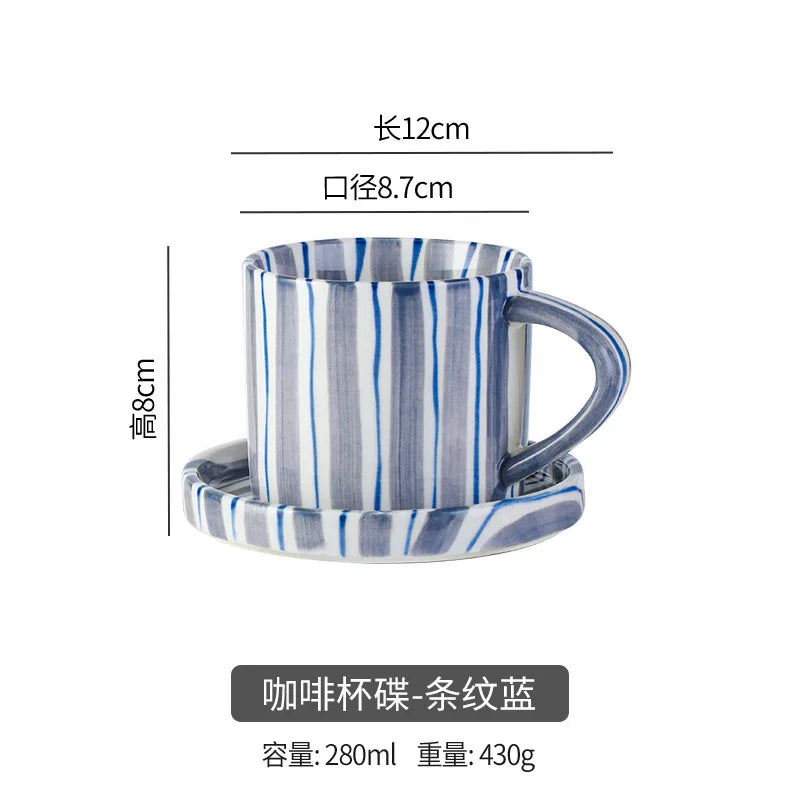 Simple Striped Ceramic Teacup Hotel Café Porcelain Coffee Cup 280ml