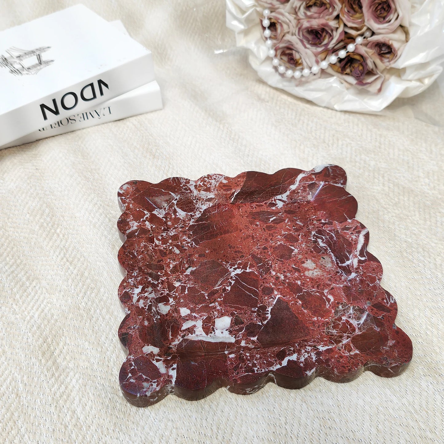 Travertine Stone Tray | Square Scalloped Edge Natural Stone Jewellery & Vanity Organiser