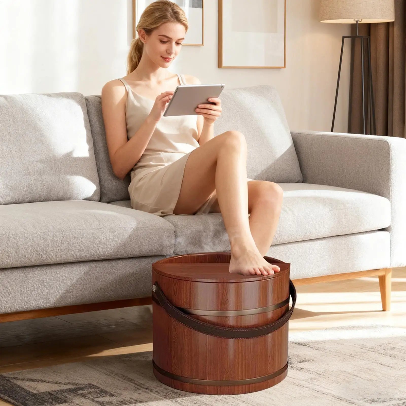 Wooden Foot Bath Tub with Lid Spa Soaking Basin for Relaxation Massage