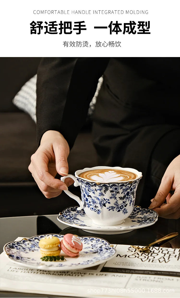 English Style Blue & White Porcelain Coffee Cup | Ceramic Cup with Tray