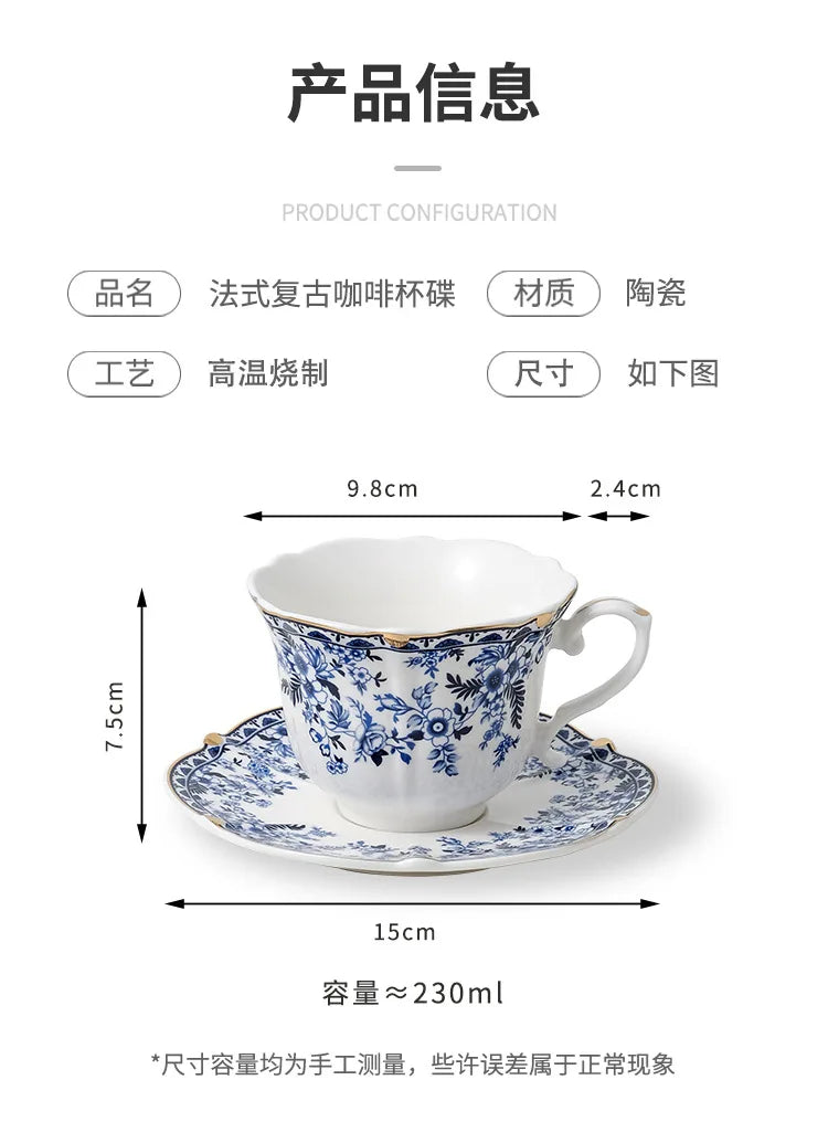 English Style Blue & White Porcelain Coffee Cup | Ceramic Cup with Tray
