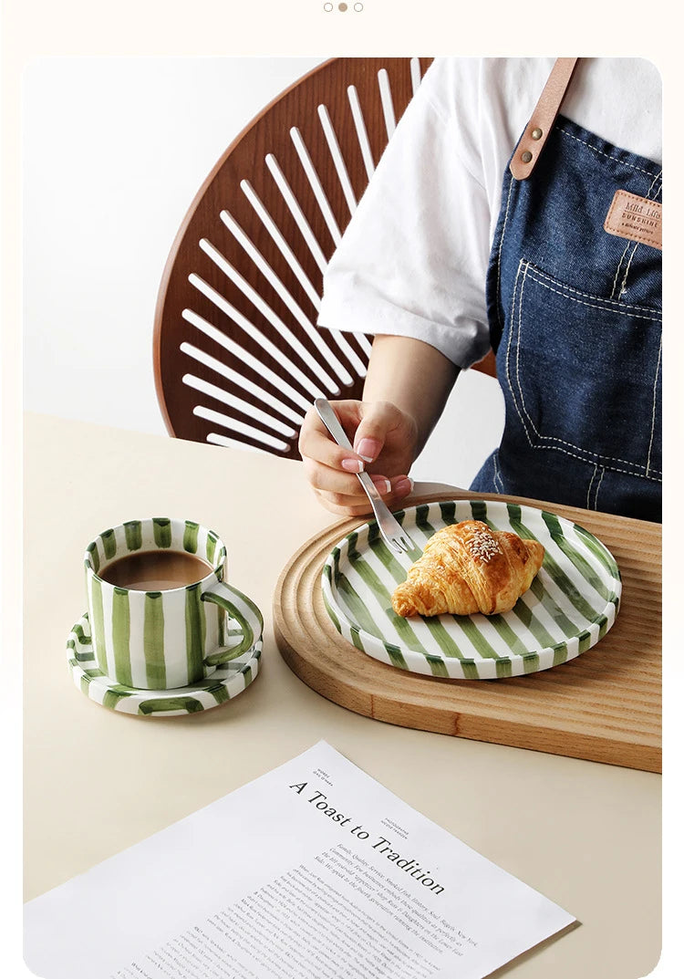 Simple Striped Ceramic Teacup Hotel Café Porcelain Coffee Cup 280ml