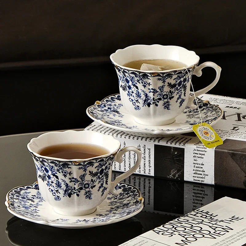 English Style Blue & White Porcelain Coffee Cup | Ceramic Cup with Tray