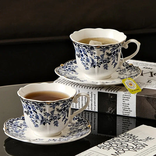 English Style Blue & White Porcelain Coffee Cup | Ceramic Cup with Tray
