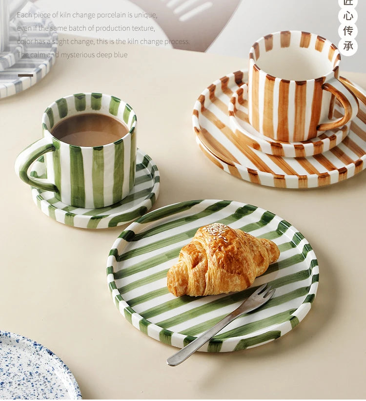Simple Striped Ceramic Teacup Hotel Café Porcelain Coffee Cup 280ml