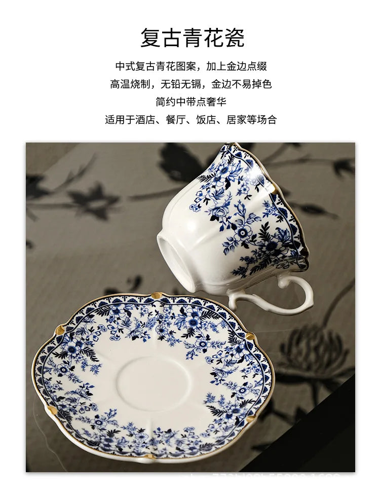 English Style Blue & White Porcelain Coffee Cup | Ceramic Cup with Tray