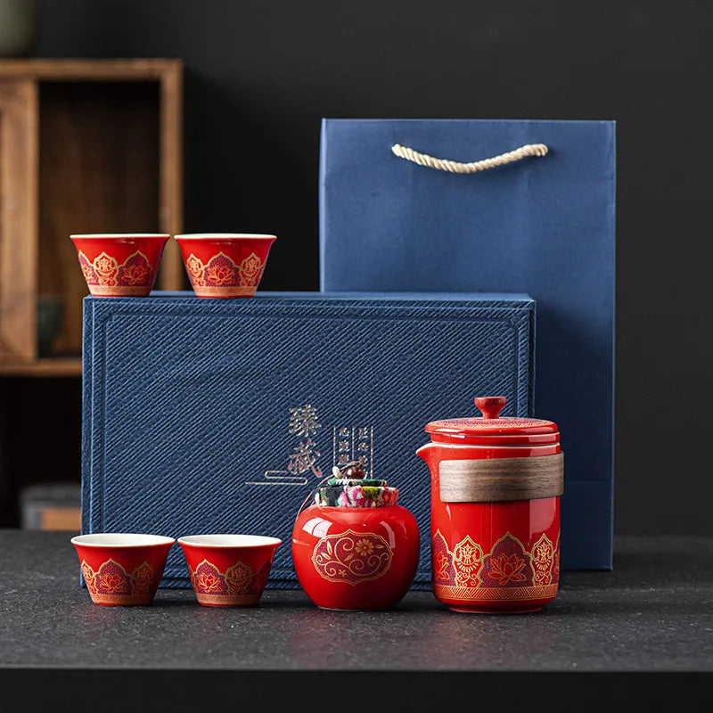 Portable Tea Ceremony Set | 1 Pot 4 Cups Travel Gift Box for Outdoor & Home