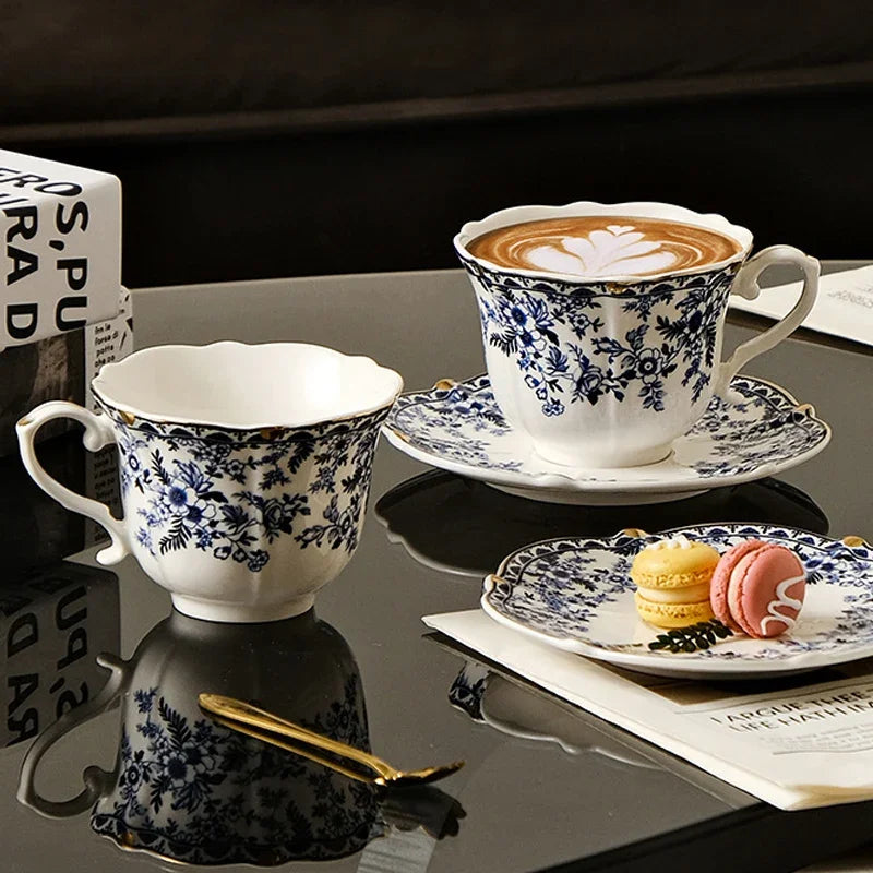 English Style Blue & White Porcelain Coffee Cup | Ceramic Cup with Tray