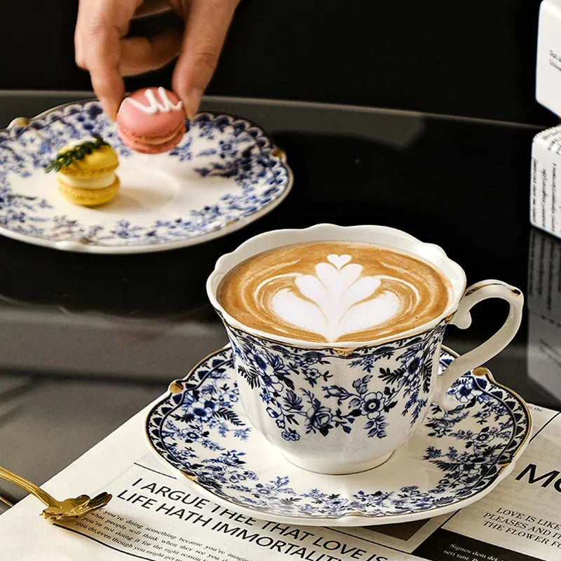 English Style Blue & White Porcelain Coffee Cup | Ceramic Cup with Tray