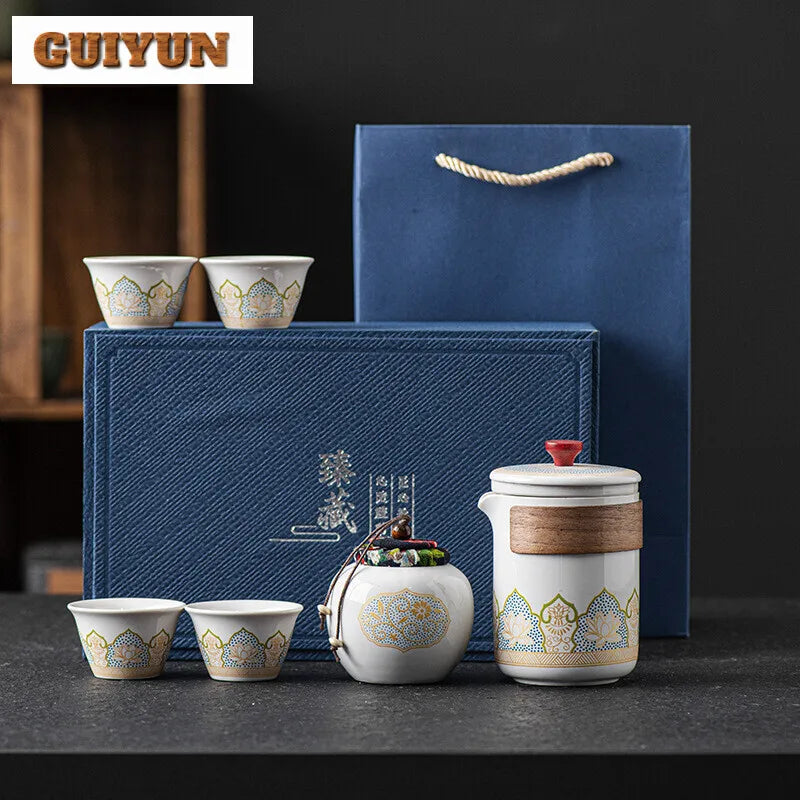 Portable Tea Ceremony Set | 1 Pot 4 Cups Travel Gift Box for Outdoor & Home